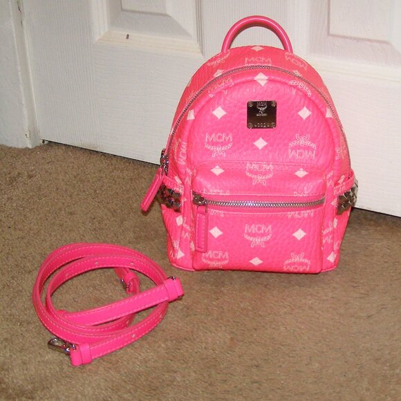RARE Authentic MCM Neon Pink Mini backpack Crossbody bag - Picture 2 of 16